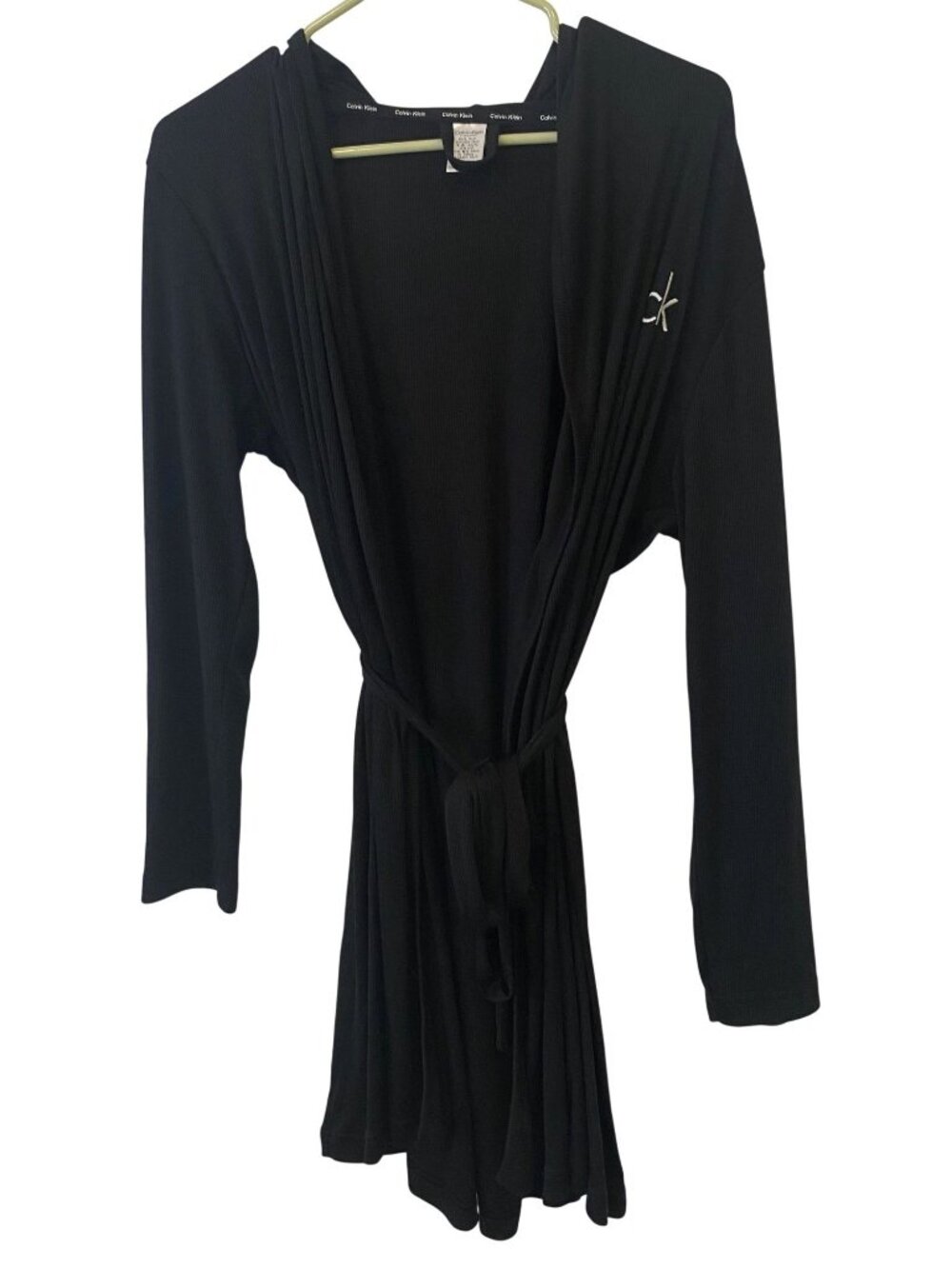 Calvin Klein Womens XS S Black Ribbed Knit Robe Tie Waist Loungewear Minimalist